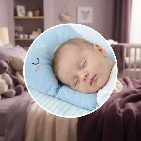 A close-up of a baby resting on an ergonomic head shaping pillow to show its supportive design.