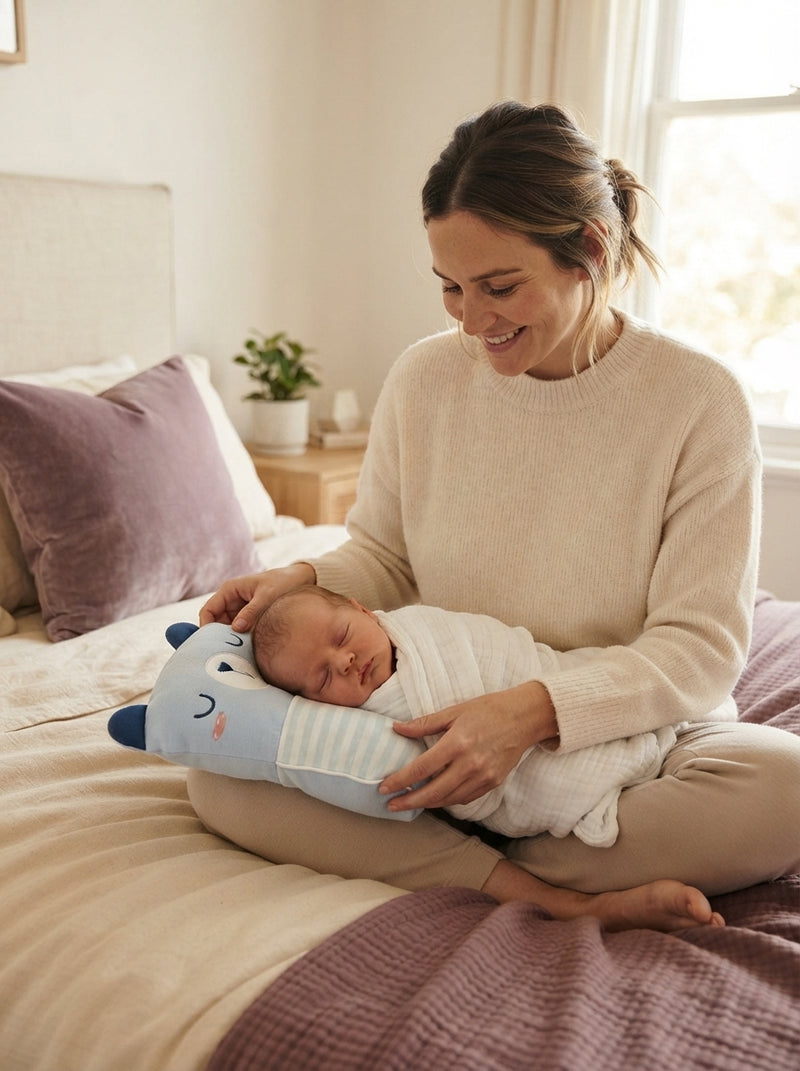 A parent adjusting a baby shaping head support pillow under a sleeping infant on a cozy bed.